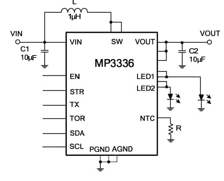 Application Circuit Diagram - Monolithic Power Systems (MPS) MP3336 Dual-Channel Flash LED Drivers